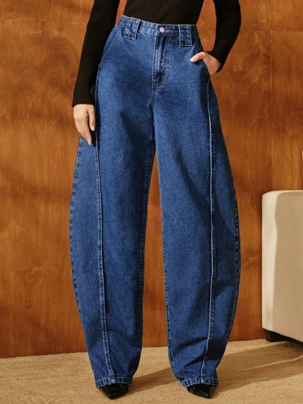 Blue Casual Women's Loose Baggy Mid Waist Long Tapered Carrot Pants - Picture 6 of 7